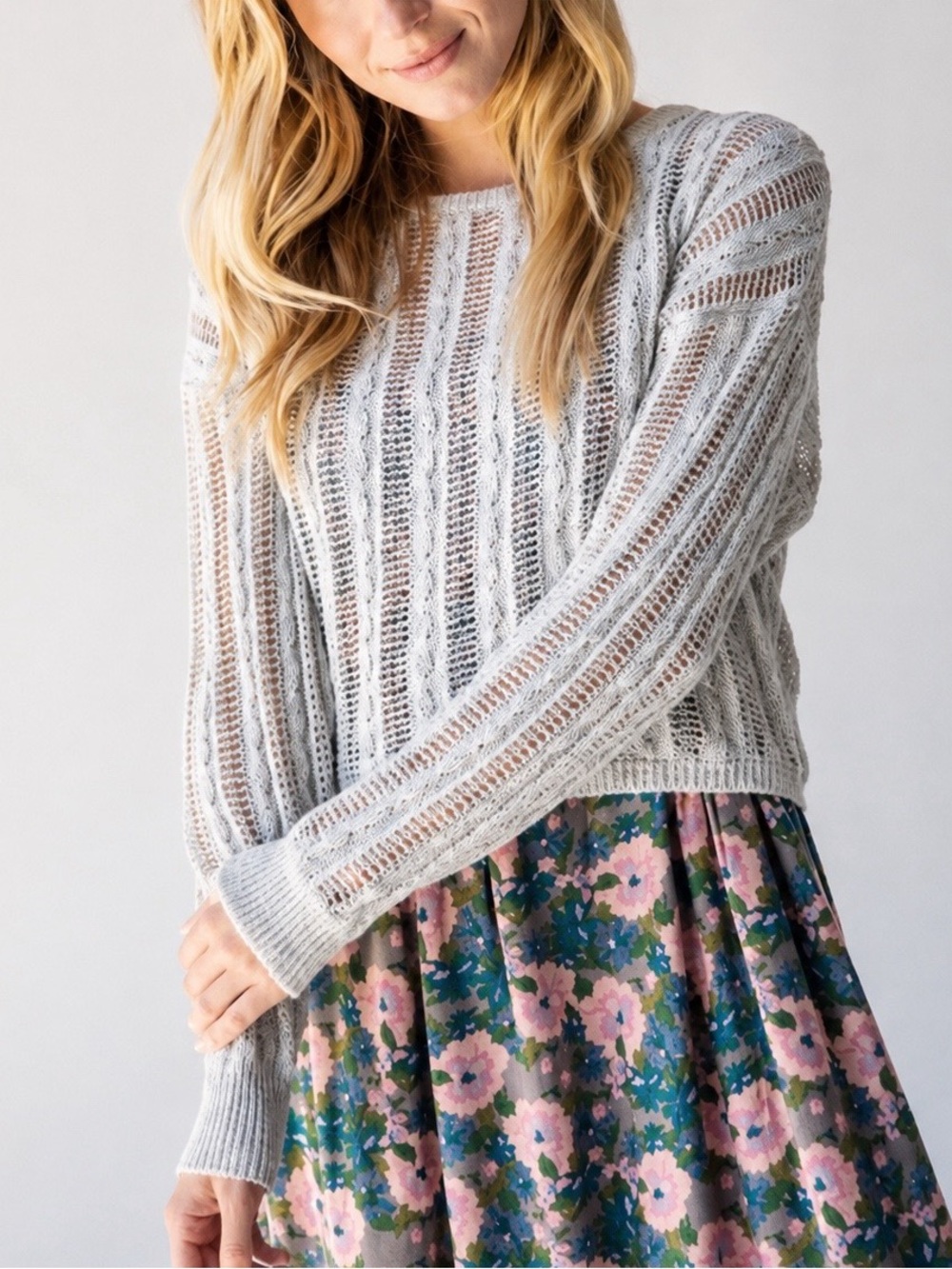 Natural Life Open Knit Cropped Boxy Sweater Blue Cream Silver Metallic Small